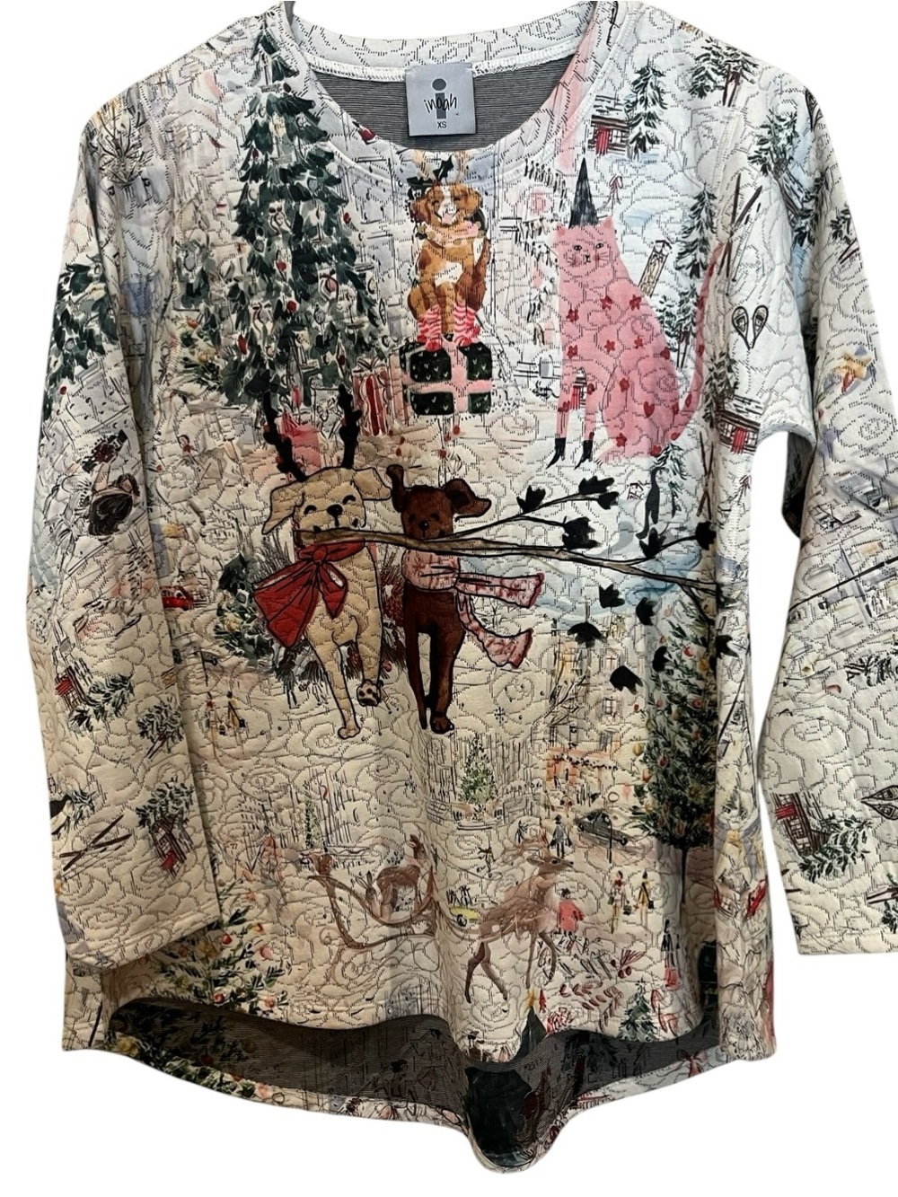 Inoah Whimsical Quilted Animal Print Christmas holiday Top sweater size XS